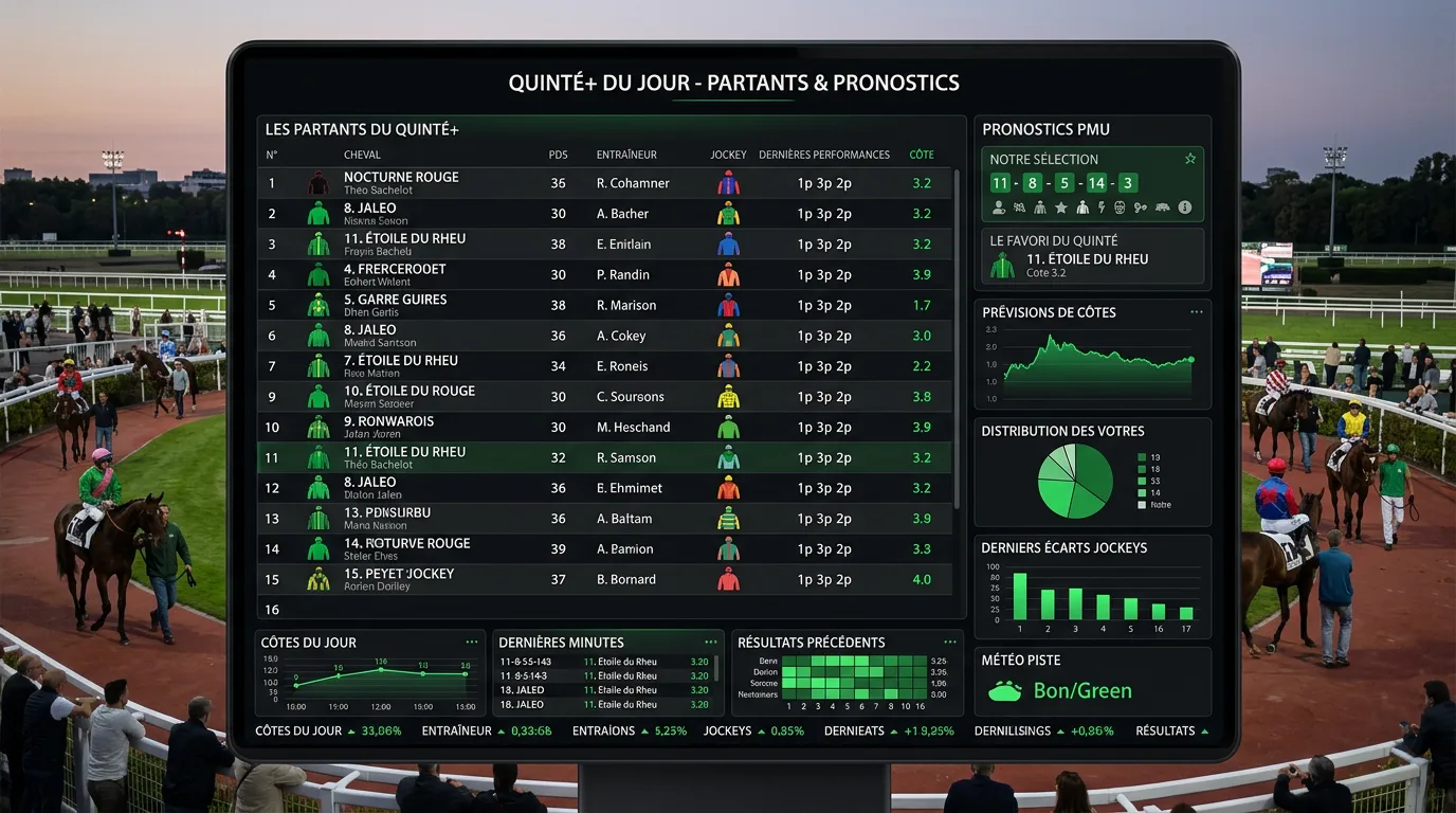 Les partants du Quinté+ défilant au paddock avant le départ, grille quinté du jour partants et pronostics affichée sur écran PMU
