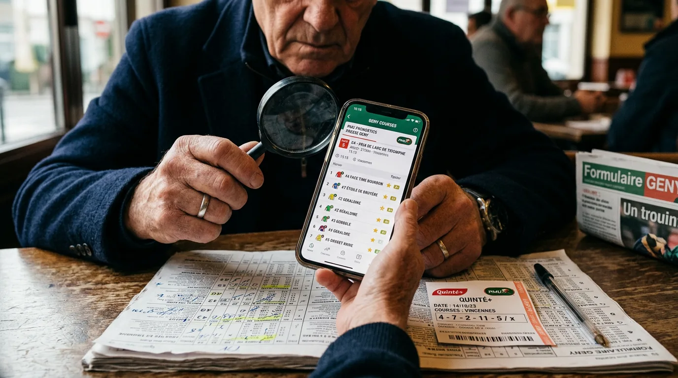 Geny Courses affichant les pmu pronostics presse geny sur écran mobile avec un turfiste consultant le ticket Quinté+ du jour