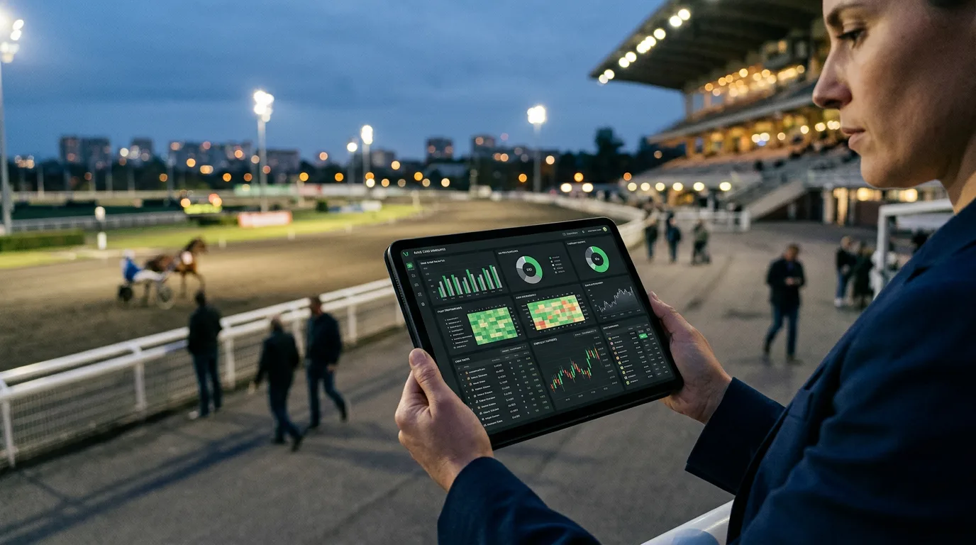 Le pronostic presse de demain affiché sur une tablette analysant le meilleur pronostic PMU du jour presse demain devant la piste de Vincennes illuminée à la tombée du soir